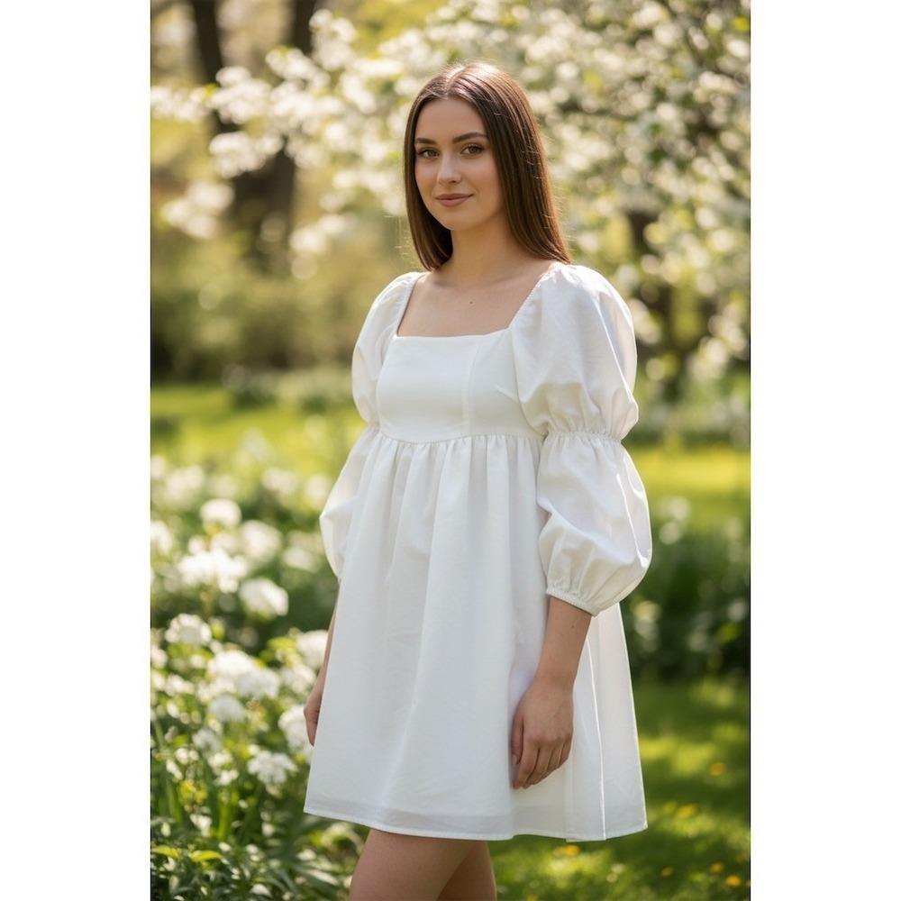 Exlura Dress Womens S White Square Neck Puff Sleeve Babydoll Mini Zip peasant